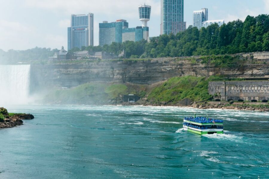 Niagara Falls: Cave of the Winds, Boat Ride, & Trolley Tour - All three waterfalls plus park icons: Power Arch, Tesla Statue, and Luna Island