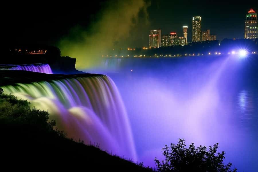 Niagara Falls, USA: Nightlight Experience with Fireworks - Nikola Tesla monument stop: the science behind the spectacle
